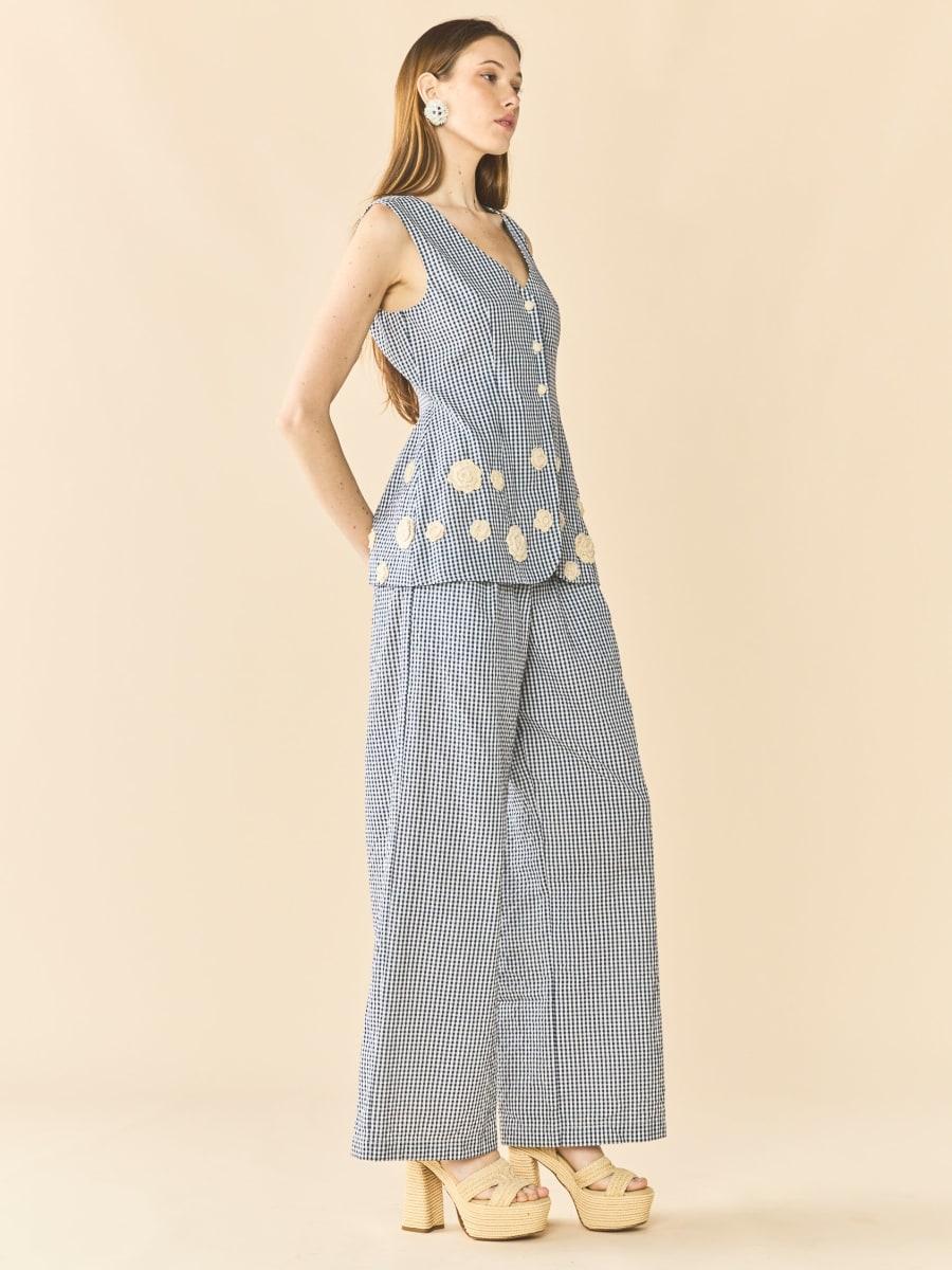 Alexa Top x Rainey Collaboration - Navy Gingham with Cream Crochet Appliqué - Image 2