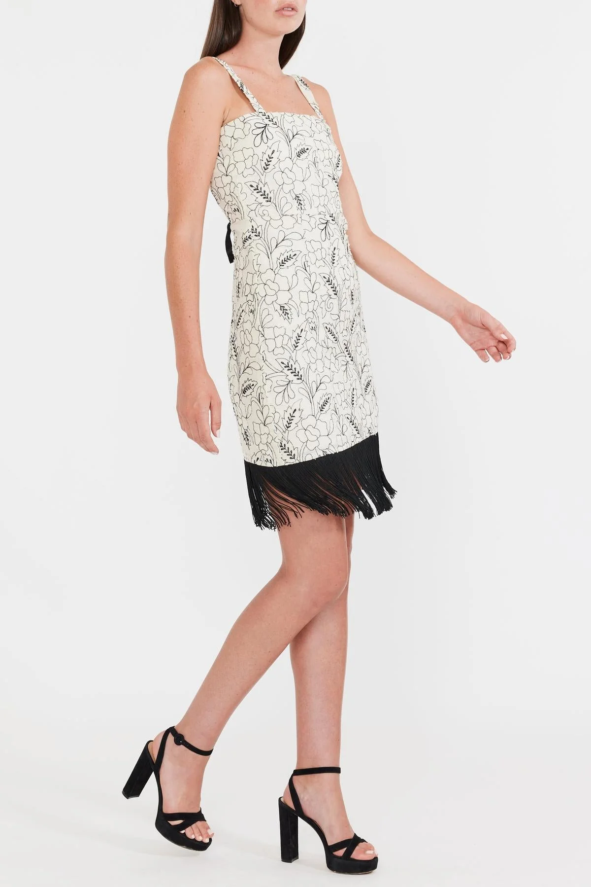 Avery Embroidered Fringe Mini Dress - Sand/Moonless Night Floral Outline Embroidery - Image 10