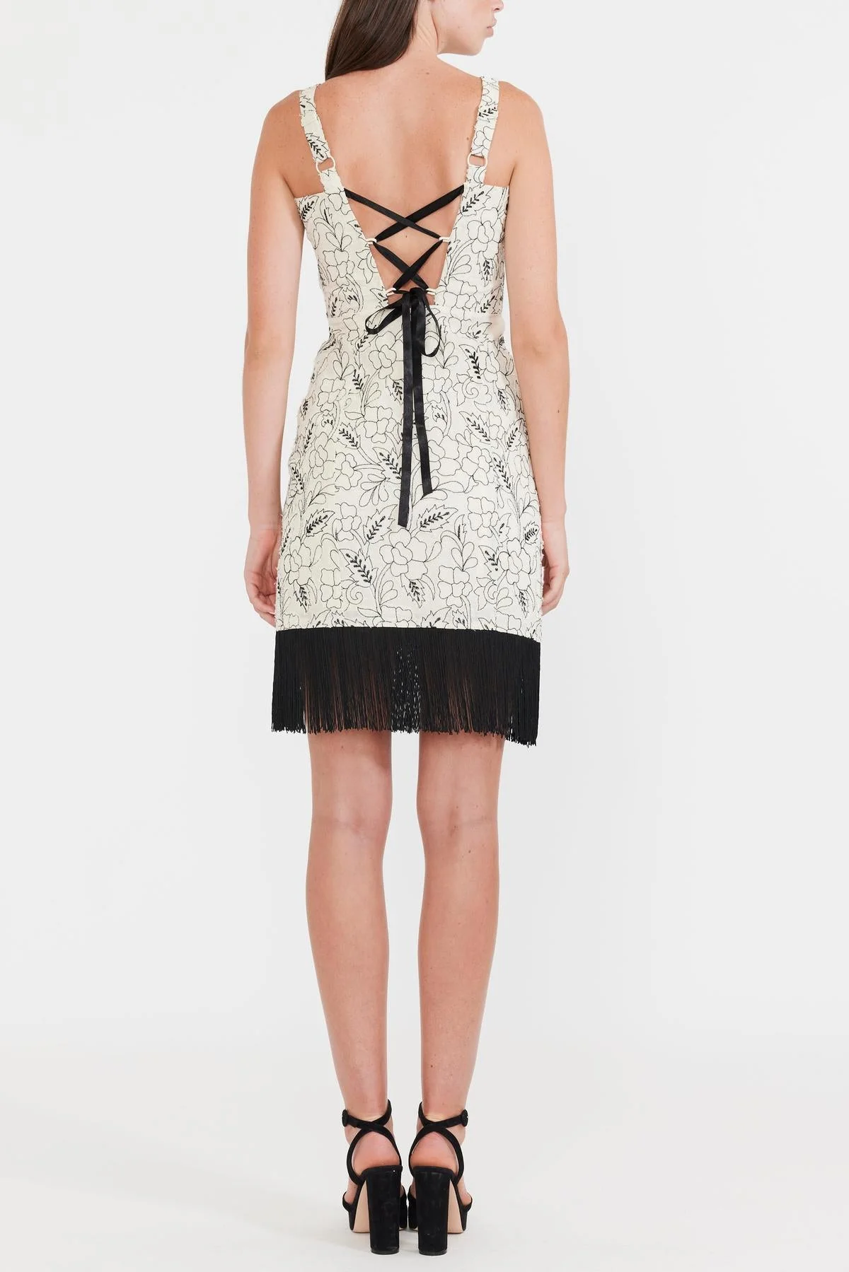 Avery Embroidered Fringe Mini Dress - Sand/Moonless Night Floral Outline Embroidery - Image 11
