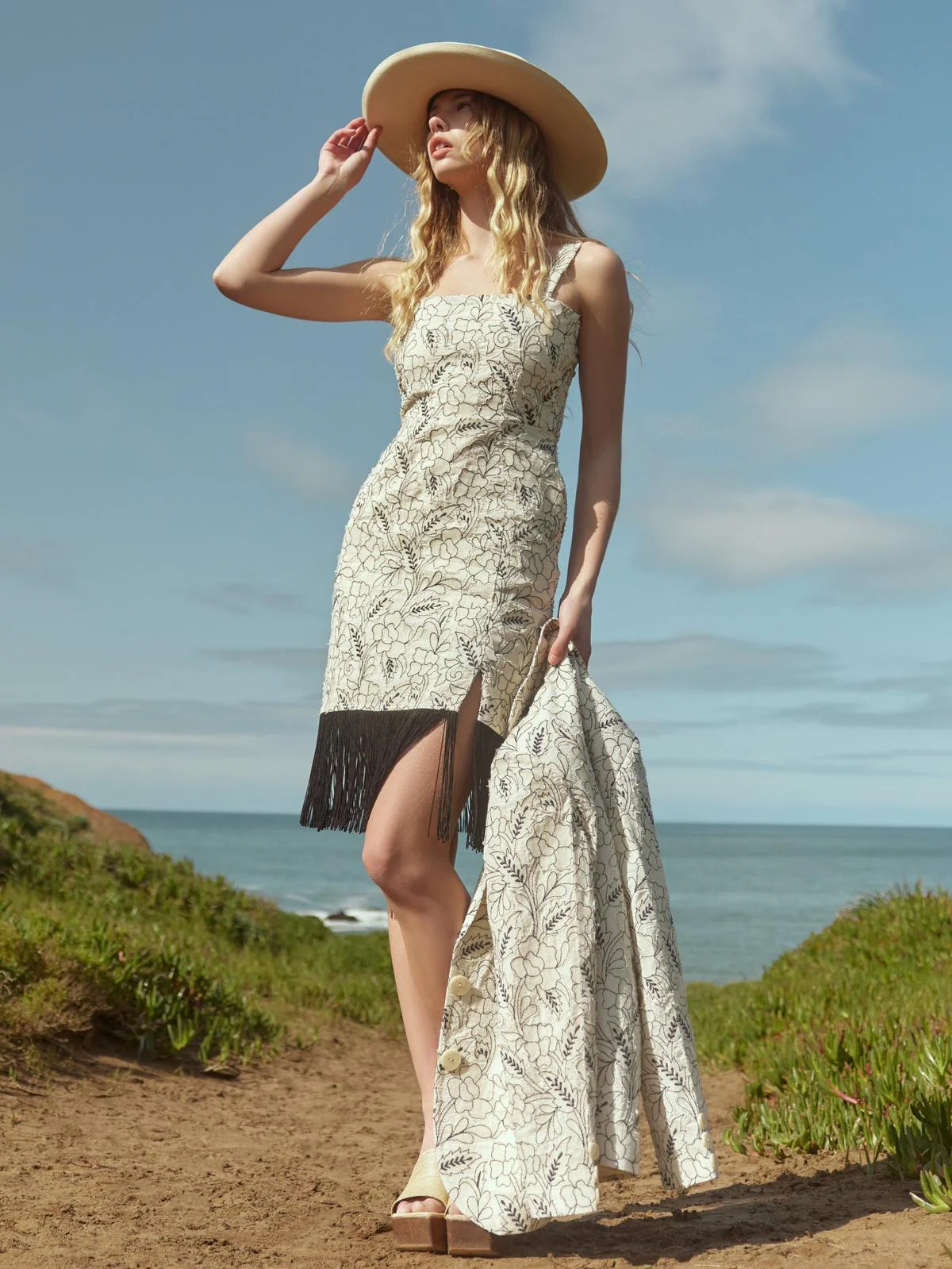 Avery Embroidered Fringe Mini Dress - Sand/Moonless Night Floral Outline Embroidery - Image 3