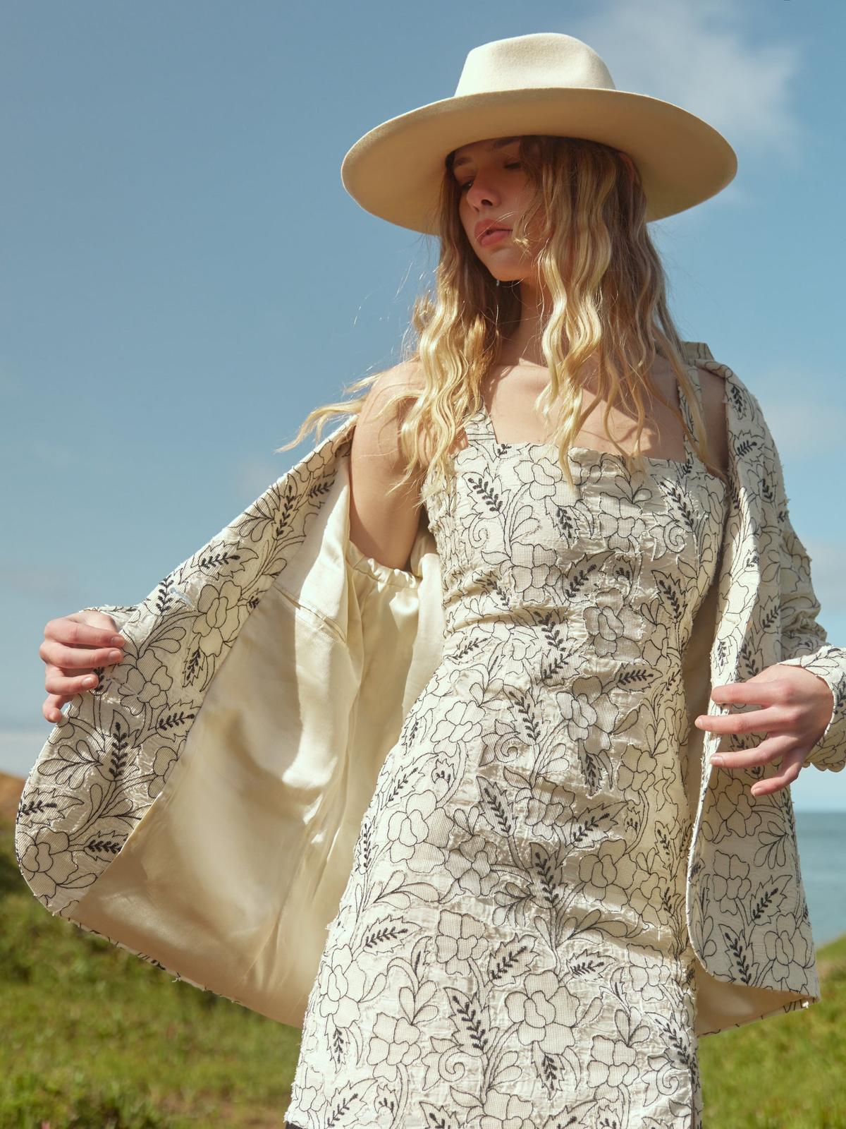 Avery Embroidered Fringe Mini Dress - Sand/Moonless Night Floral Outline Embroidery - Image 5