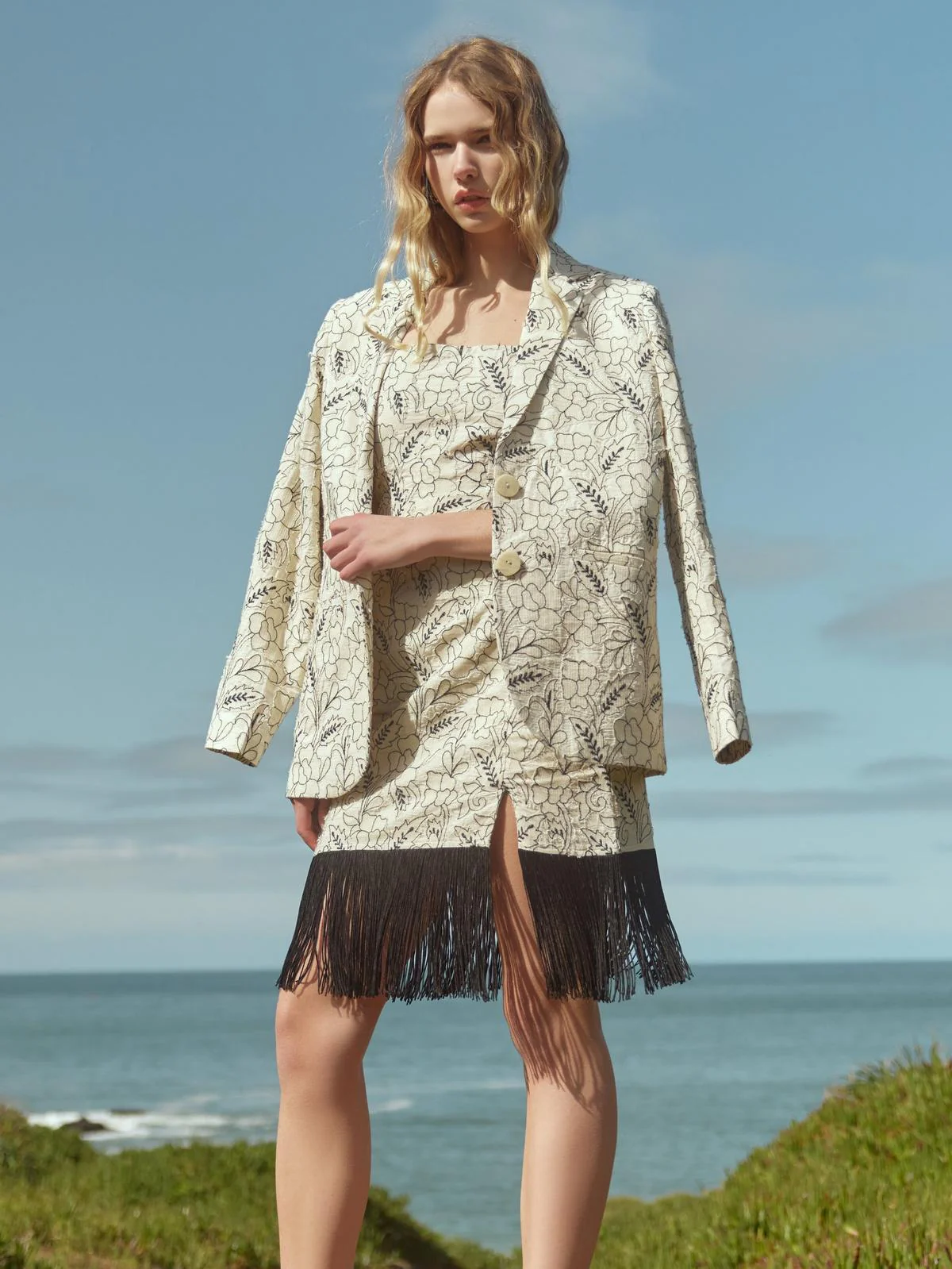 Avery Embroidered Fringe Mini Dress - Sand/Moonless Night Floral Outline Embroidery - Image 6