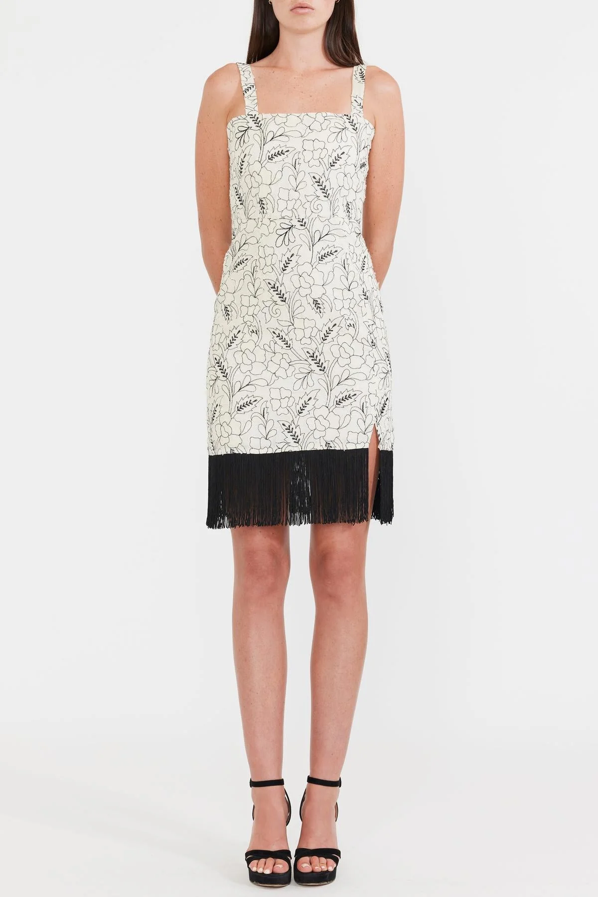 Avery Embroidered Fringe Mini Dress - Sand/Moonless Night Floral Outline Embroidery - Image 8