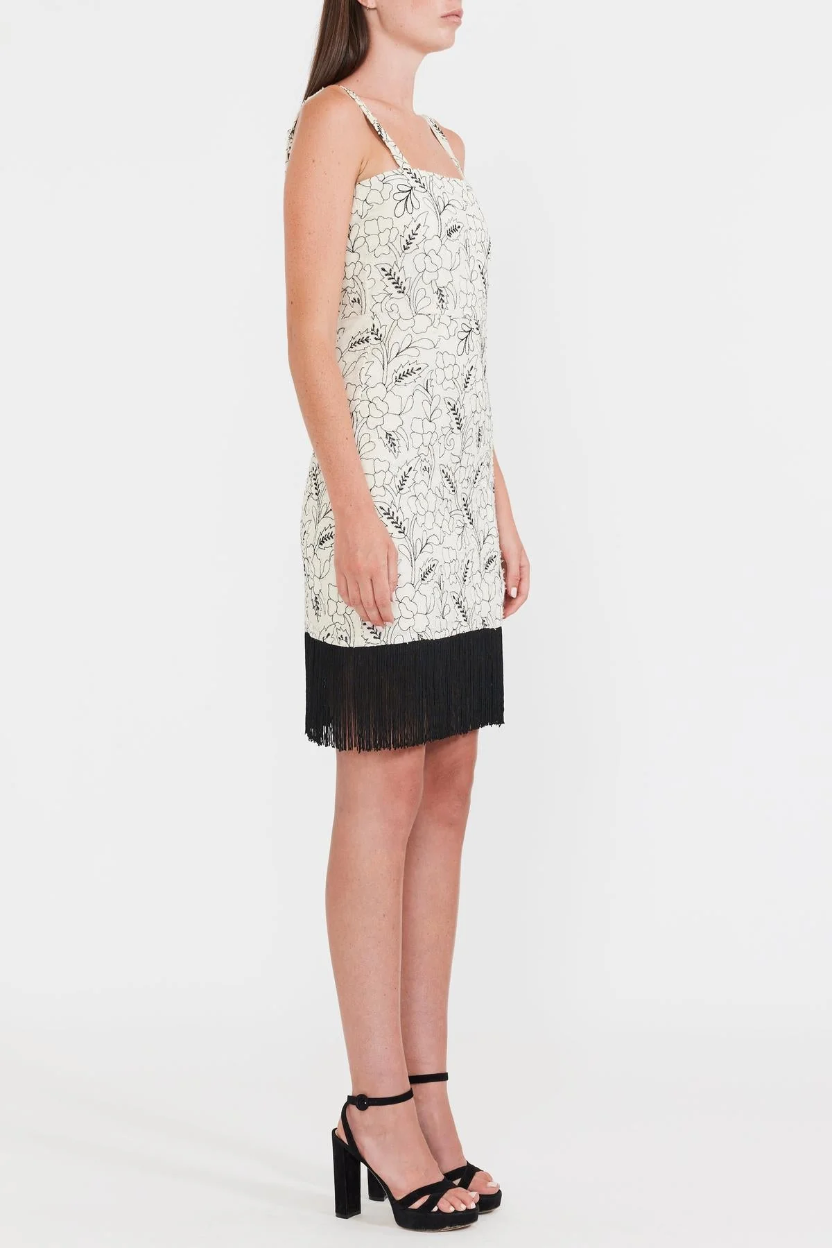 Avery Embroidered Fringe Mini Dress - Sand/Moonless Night Floral Outline Embroidery - Image 9