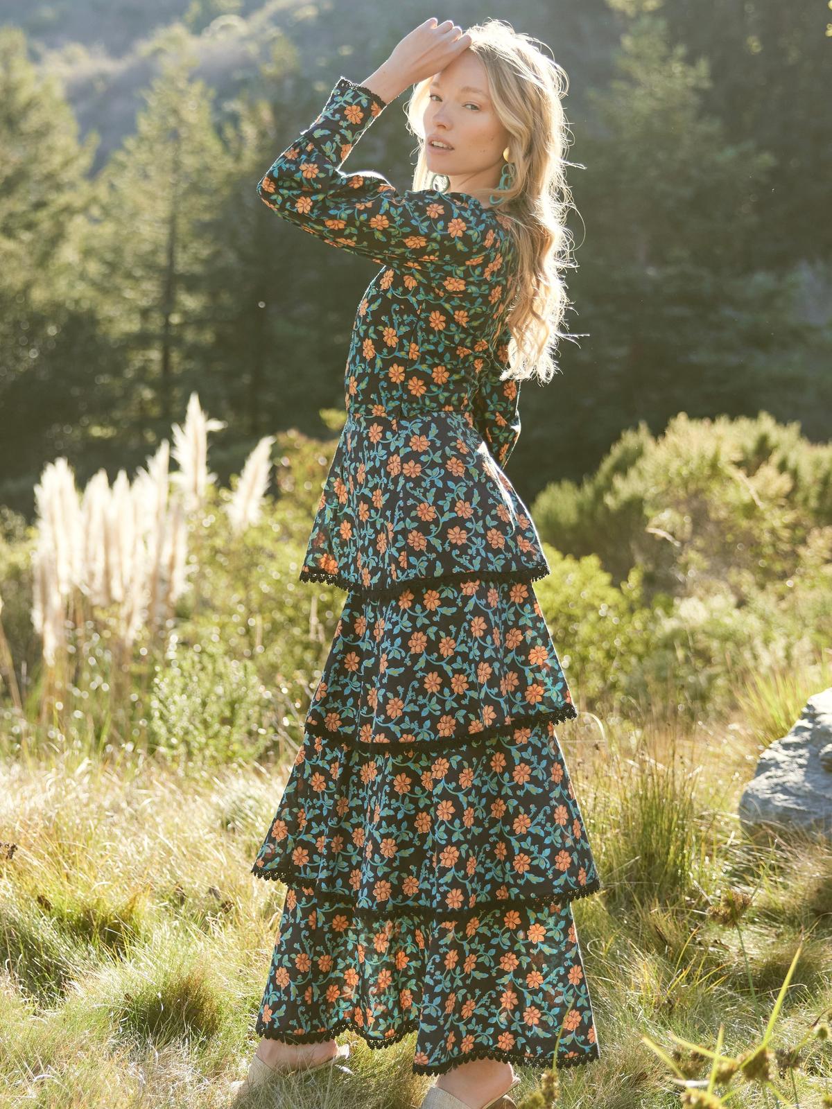 Brenda Tiered Skirt - Faded Black/Bright Clementine & Moss Floral - Image 2