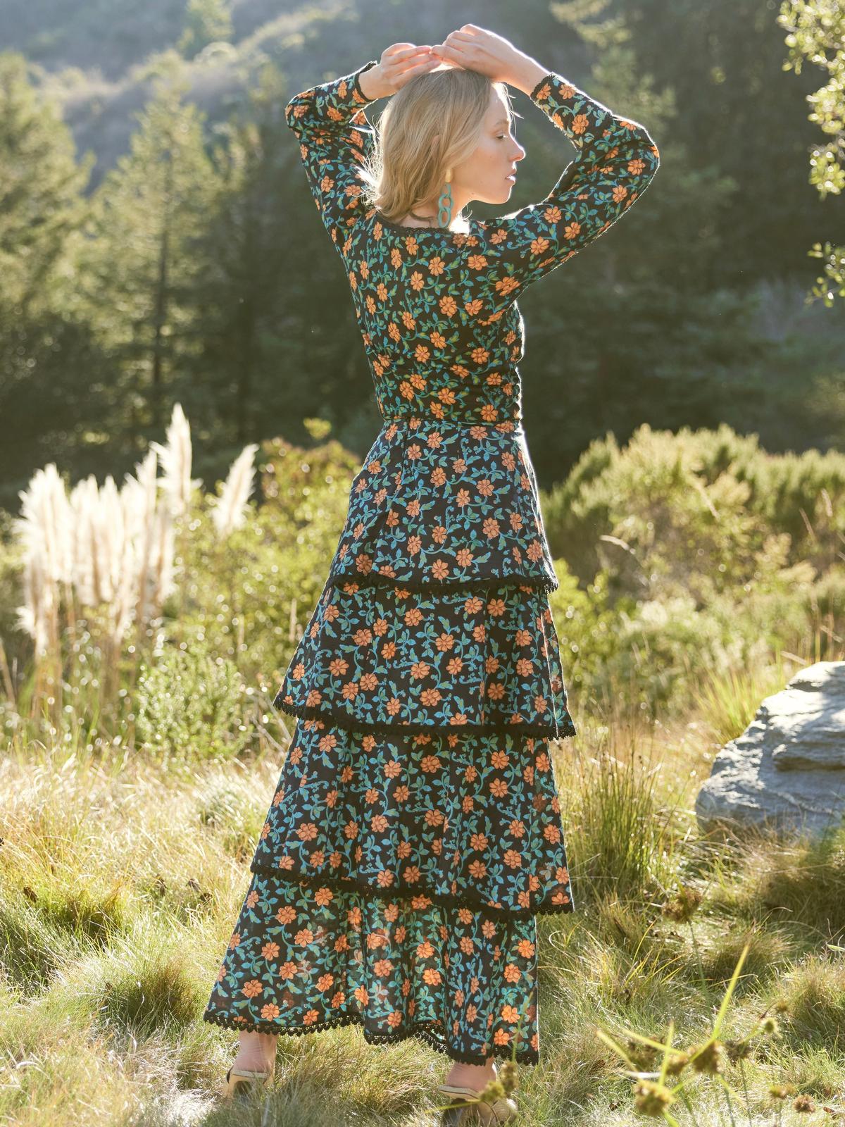 Brenda Tiered Skirt - Faded Black/Bright Clementine & Moss Floral - Image 3