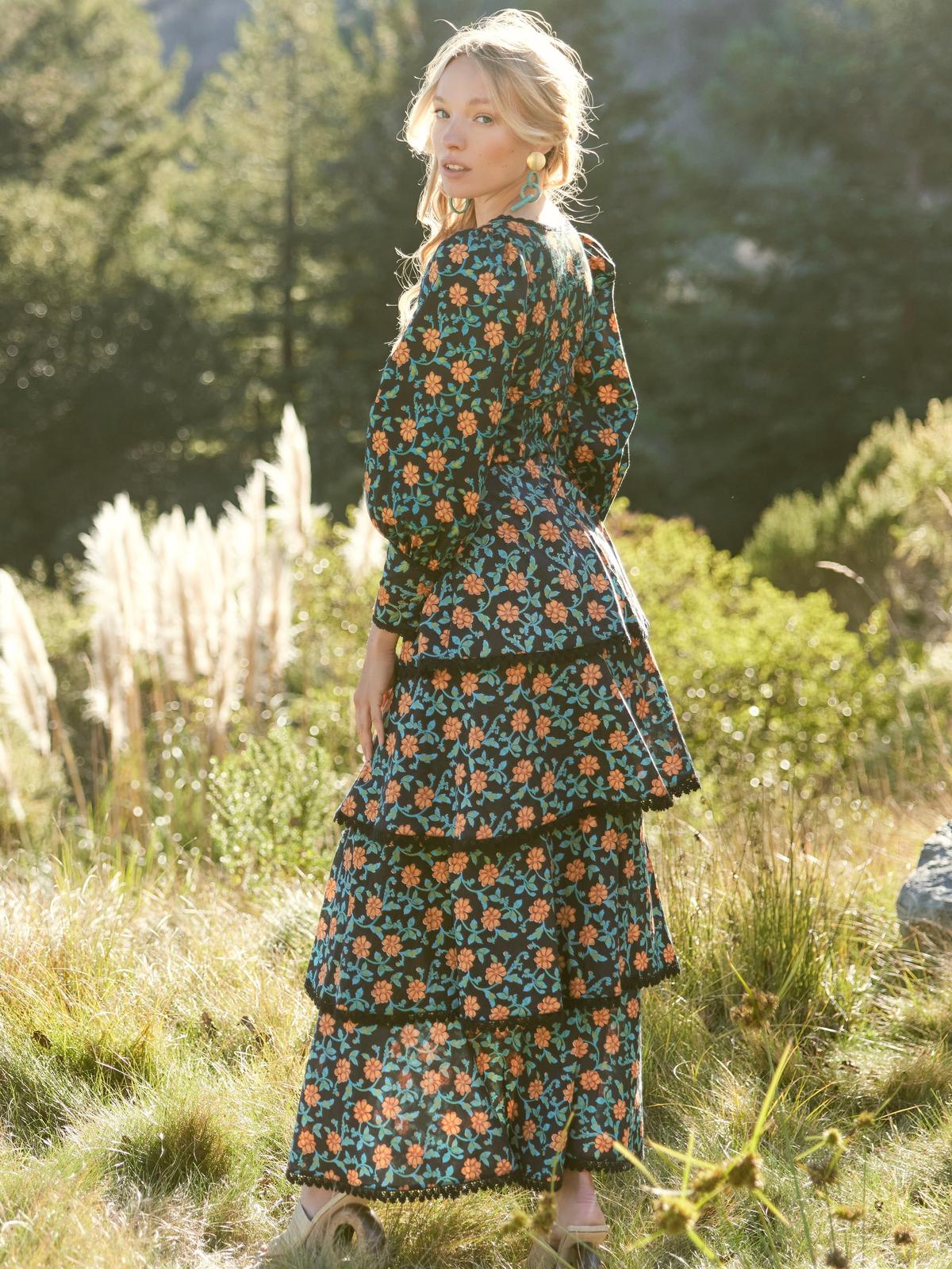 Brenda Tiered Skirt - Faded Black/Bright Clementine & Moss Floral - Image 4