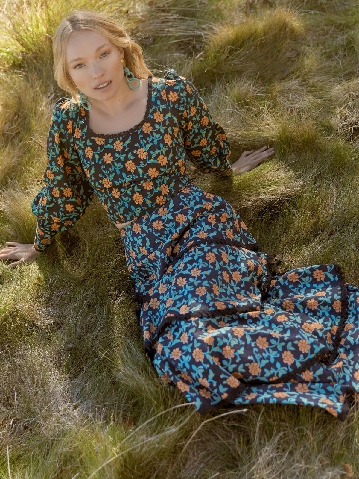 Brenda Tiered Skirt - Faded Black/Bright Clementine & Moss Floral - Image 5