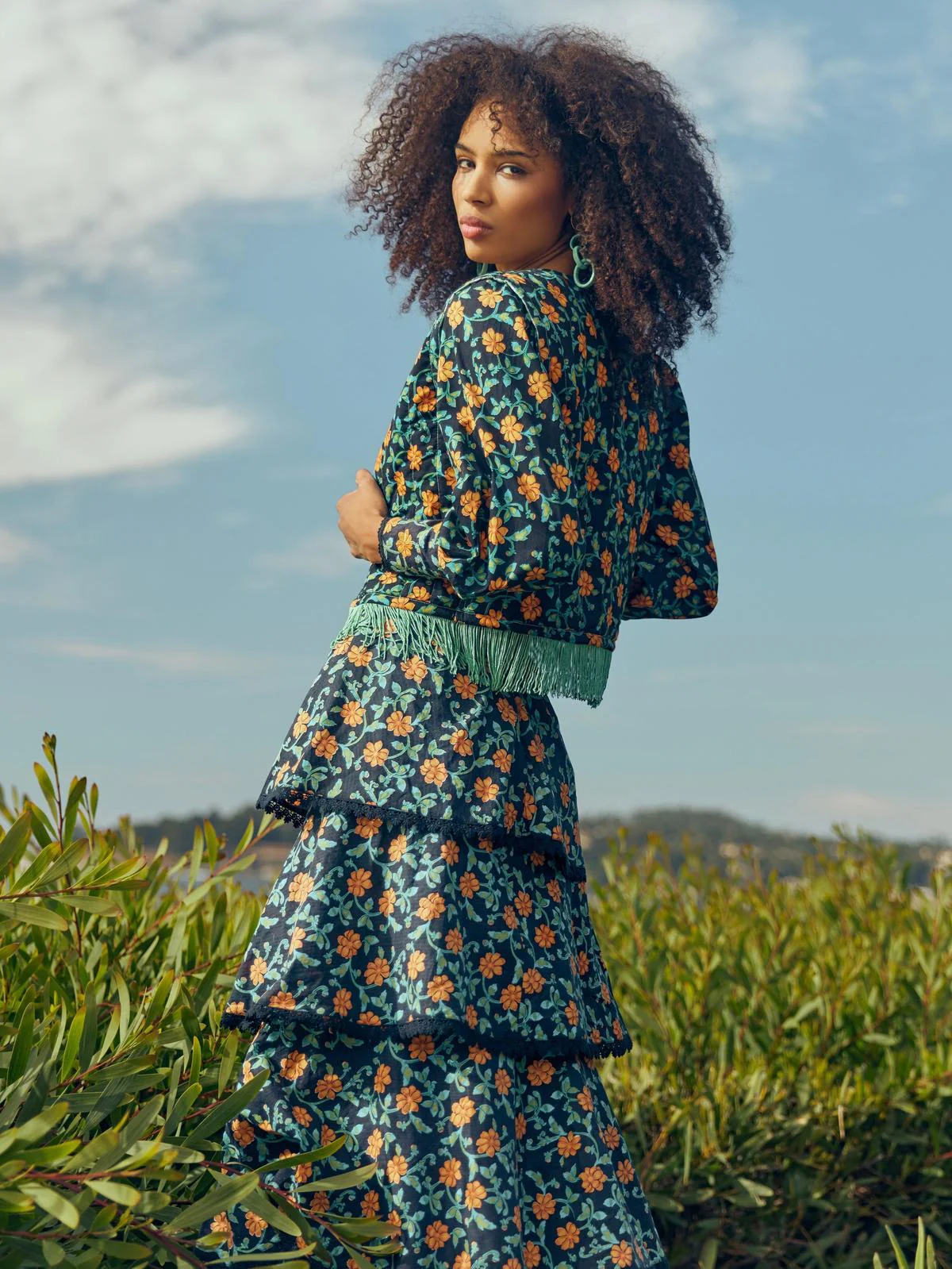 Brenda Tiered Skirt - Faded Black/Bright Clementine & Moss Floral - Image 6