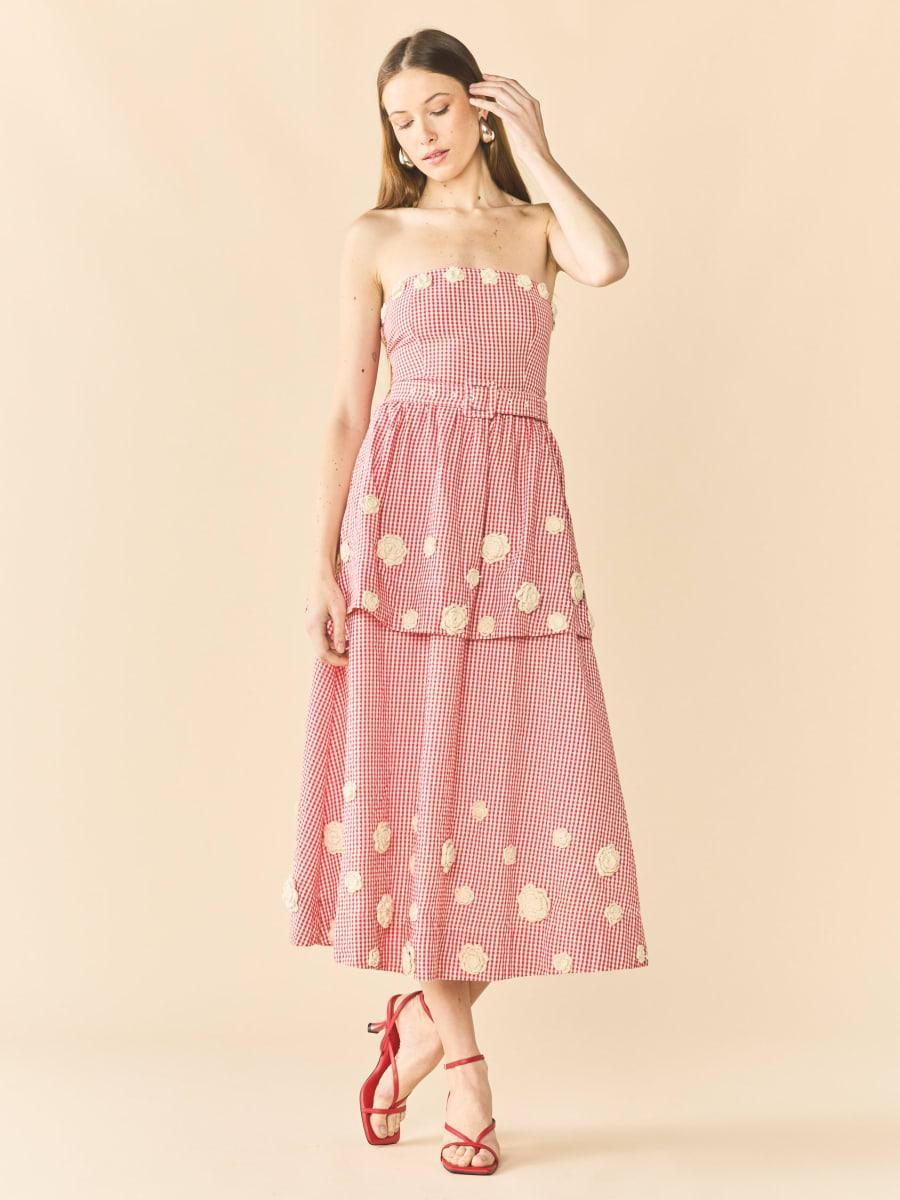 Daisy Dress X Rainey Collaboration - Red Gingham with Cream Crochet Appliqué - Image 2