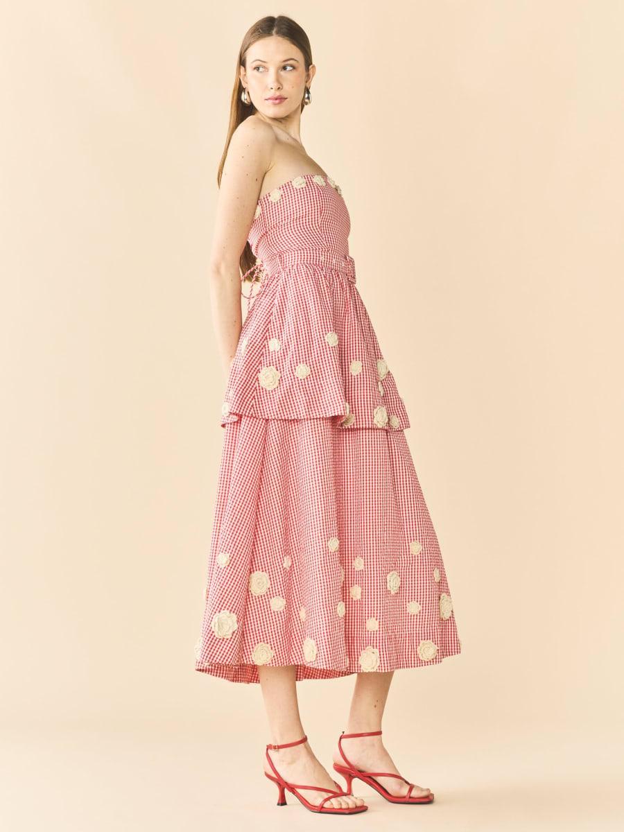 Daisy Dress X Rainey Collaboration - Red Gingham with Cream Crochet Appliqué - Image 3