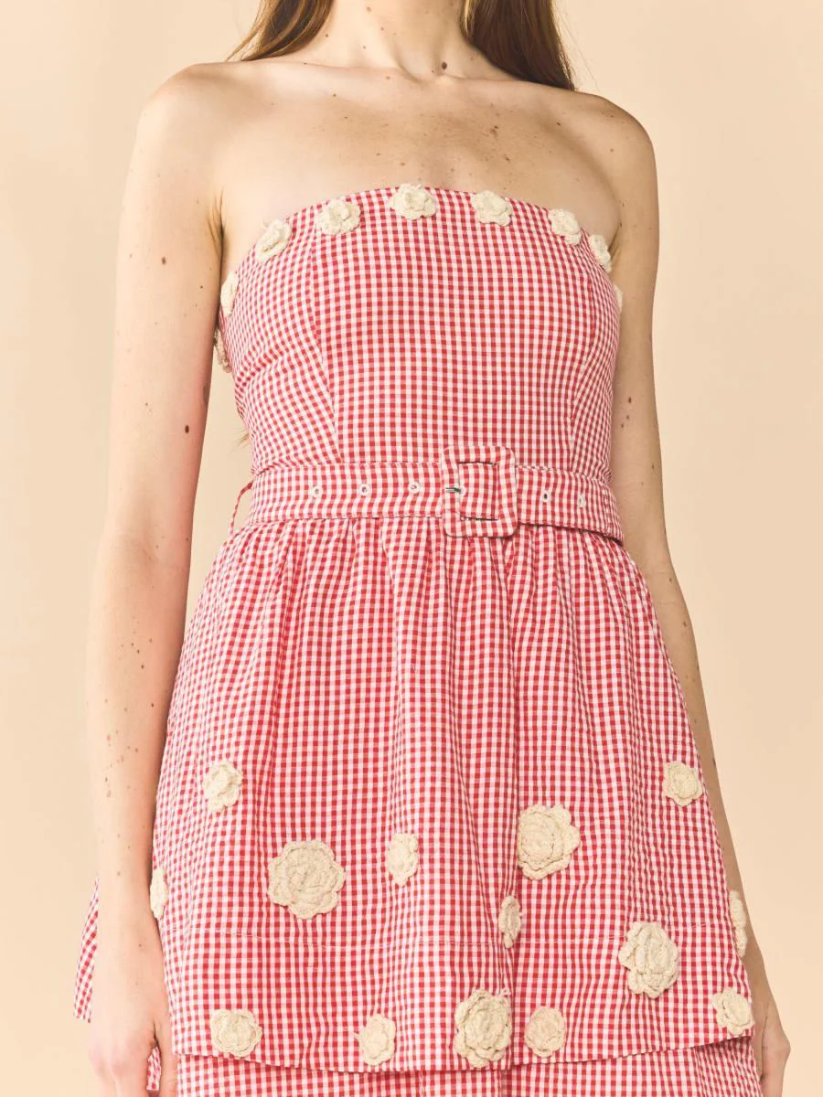 Daisy Dress X Rainey Collaboration - Red Gingham with Cream Crochet Appliqué - Image 6