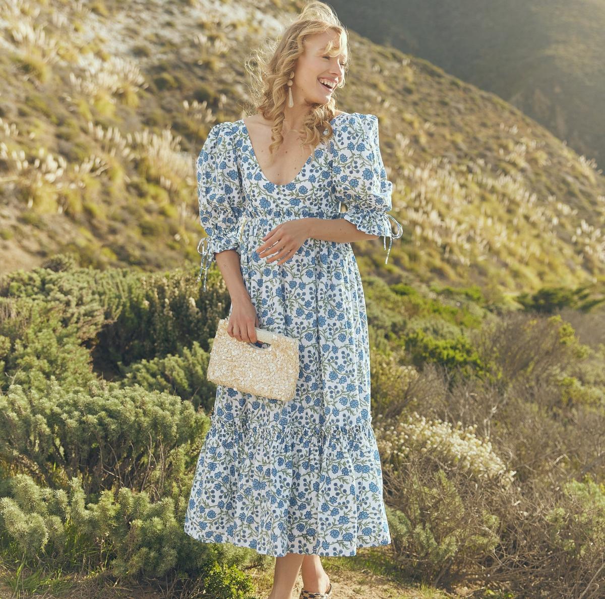 Hayley Puff Sleeve Midi Dress - Cream/Azure Floral - Image 4