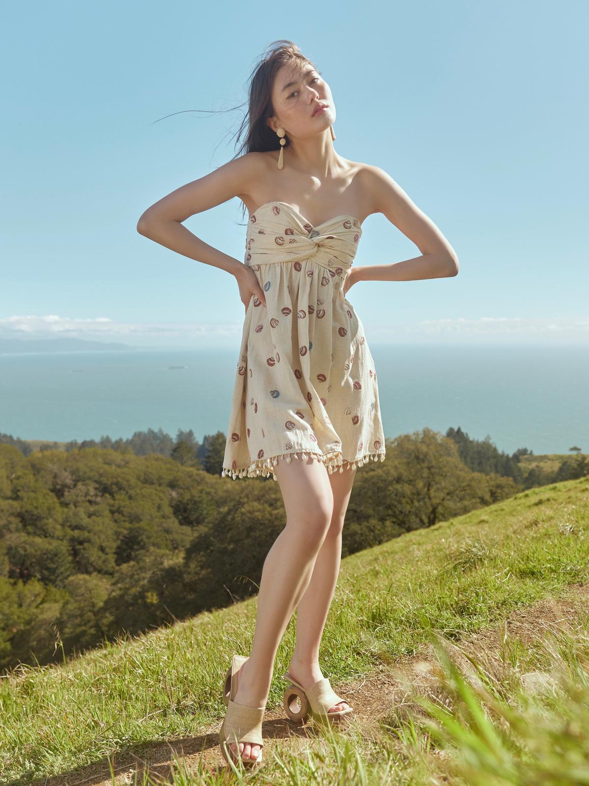 Katty Beaded Embroidered Mini Dress With Puka Fringe - Light Sand/Beaded Embroidered Shells With Puka Beaded Fringe