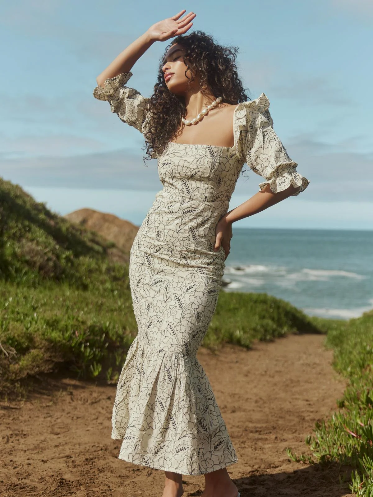 Maggie Embroidered Puff Sleeve Dress - Sand/Moonless Night Floral Outline Embroidery - Image 2